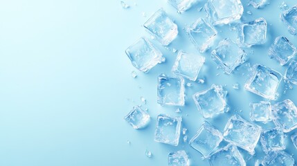 Fresh ice cubes are scattered on a pastel blue surface