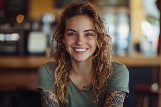 tattooed blonde haired female barista with beautiful face sitting at coffee shop table, beautiful and charming appearance, happy facial expression - Powered by Adobe