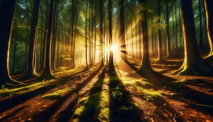 A lush forest panorama with golden sunlight streaming between tall tree trunks, illuminating the foliage and casting dramatic shadows on the damp ground.