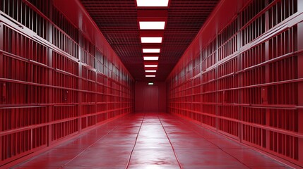 Fototapeta premium Abstract Red Prison Corridor Confinement and Isolation