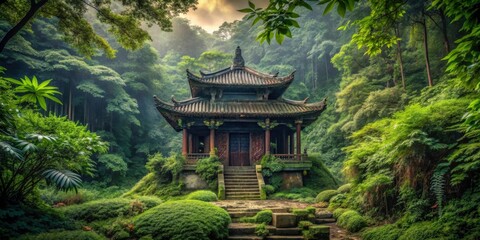 Serene Eastern Pavilion Surrounded by Lush Green Forest Landscape