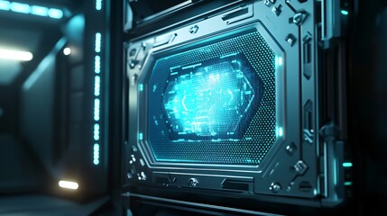 Fototapeta premium Futuristic Tech Panel Teal Holographic Interface in Sci-Fi Server Rack