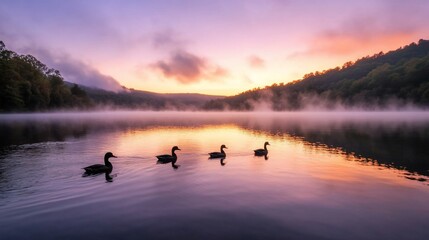 Naklejka premium Ducks swim lake sunrise misty hills