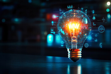 A mesmerizing digital light bulb surrounded by glowing data and technology symbols, representing the fusion of creativity and innovation in the digital age.