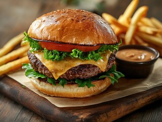 Juicy cheeseburger with fries and sauce. (1)