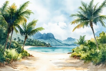 Tropical Beach Scene Watercolor Digital Painting