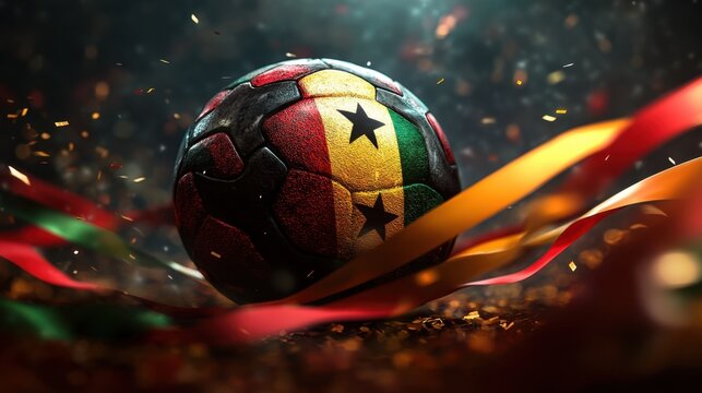 Vibrant Soccer Ball Representing Ghana with Colorful Ribbons and Dynamic Background Effects