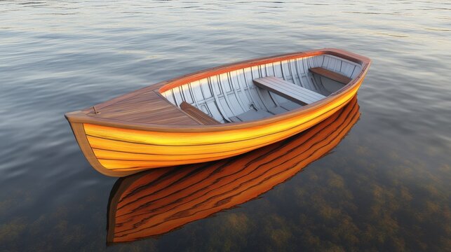 A meticulously crafted wooden boat floats serenely on tranquil waters, showcasing layered hues from light to dark browns, evoking craftsmanship and natural elegance