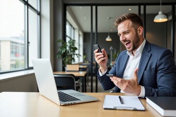 Obraz premium Frustrated Caucasian Male Office Worker in Suit Speaking on Smartphone while Working at Desk with Laptop and Notepad in Modern Workspace