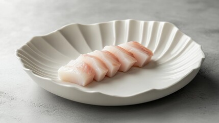 69.A minimalist presentation of perfectly sliced belly pork for Japanese hot pot, displayed in a fan-like arrangement on a white ceramic plate, with subtle shadows cast on the grey background.