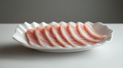 69.A minimalist presentation of perfectly sliced belly pork for Japanese hot pot, displayed in a fan-like arrangement on a white ceramic plate, with subtle shadows cast on the grey background.