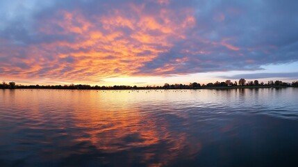 Obraz premium Fiery Sunrise Reflecting on Calm Lake