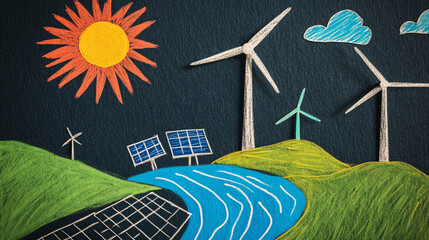 A colorful chalk drawing on a dark background illustrating solar panels, wind turbines, and hydro energy as sustainable power sources.