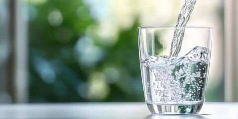 Refreshing water is poured into a clear drinking glass