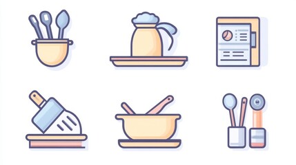 54.A modern icon set of cooking tools, featuring flat and outline designs of a pot, pan, chef hat, tray, utensils, and recipe book, styled in pastel tones and displayed on a neutral white background.