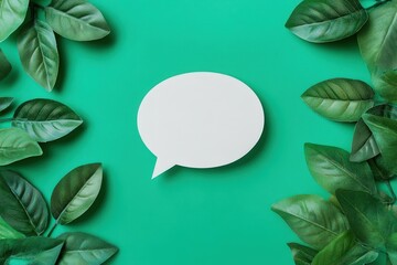 A green background with leaves and speech bubble in the center