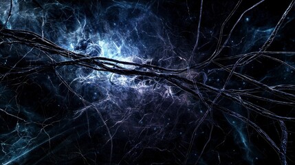 Abstract cosmic energy background with glowing strands in deep space illuminating dark, artistic digital design