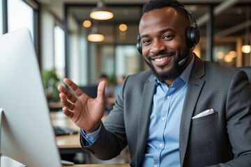 Smiling African American Male Professional in a Suit with Headset Connecting Via Video Call in a Modern Office Environment, Engaging with Colleagues or Clients