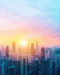 Fototapeta premium Urban skyline at sunrise with a digital circuit overlay creating a futuristic aesthetic.