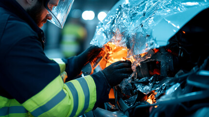 A firefighter inspects a damaged vehicle, dealing with a fire hazard amidst a chaotic scene of an accident rescue operation.