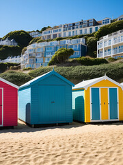 Naklejka premium Beach huts and buildings in bright sunshine