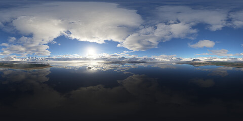 Serene 360-Degree Mountain Landscape with Sky Reflection in Clear Waters