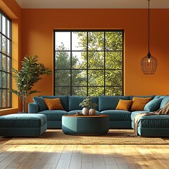 Teal sectional sofa in orange room