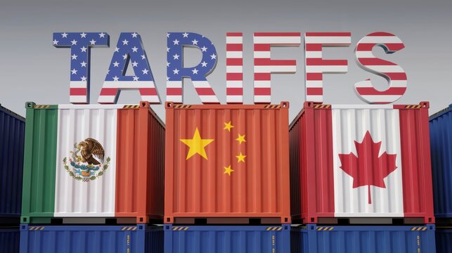 US Imposes Tariffs from China, Canada, Mexico. Geopolitical Trade Impacts in Global. America Tariff Policy. International Trade Relations, Increased Import Tariffs, Trade War Dispute Over  Exports