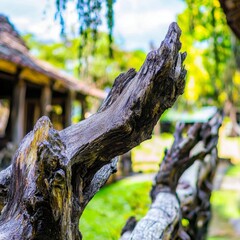 Fototapeta premium Beautiful rustic wooden fence in vibrant green landscape with blurred background and sunlight on natural wood grain
