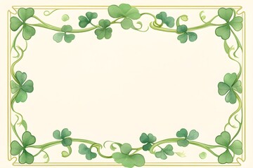 Obraz premium Shamrock border frame on beige background. St. Patrick's Day greeting card template with copy space. Irish holiday celebration, lucky charm concept for festive invitations.
