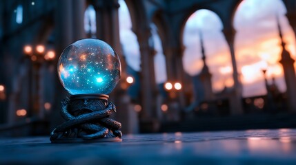 Glowing crystal ball in gothic archway at sunset