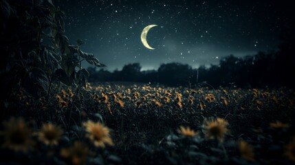 Crescent Moon Over Sunflower Field at Night