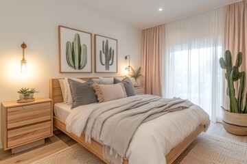 Light, airy bedroom with wooden bed, cactus prints, and blush pink curtains.