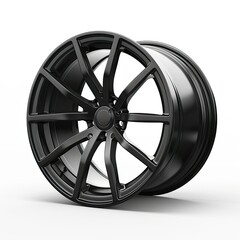 Fototapeta premium A sleek black alloy wheel designed for automotive use, showcasing modern styling and performance. isolated on white background