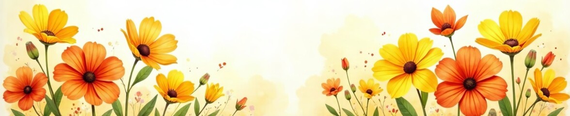 Fototapeta premium Vibrant yellow and orange watercolor flowers in full bloom, artistic, petal, bright