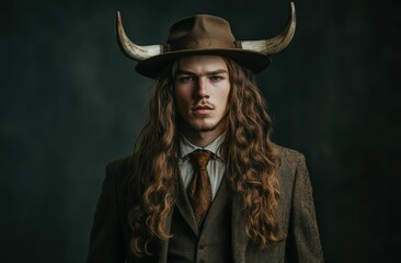 Fototapeta premium Fusion of power and poise is evident in this compelling portrait, where a man Viking inspired horned and cowboy hat and tailored business attire create a dramatic and unforgettable image.