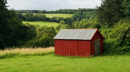 Obraz premium Rustic Red Barn in Rolling Green Hills Landscape