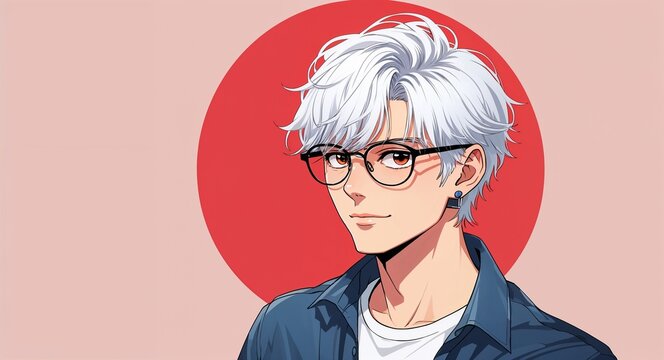 white hair guy on red plain background with glasses anime retro cartoon illustration posing cute