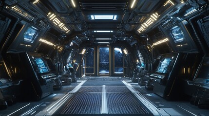 Obraz premium Futuristic Spaceship Corridor Interior - Sci-Fi Spaceship Cabin Design