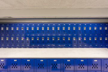 Empty team locker, locker room, changing room, with traditional blue metal lockers.