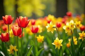 Vibrant spring tulips and daffodils blooming in lush garden, sunny, vibrant