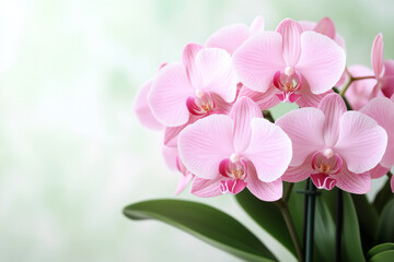 Pink phalaenopsis orchids in full bloom with delicate petals and green leaves against a soft blurred background