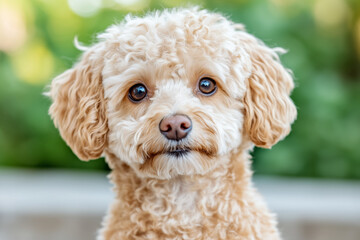 Portrait of an adorable toy poodle dog with curly apricot fur and big brown eyes looking at camera outdoors with blurred green background