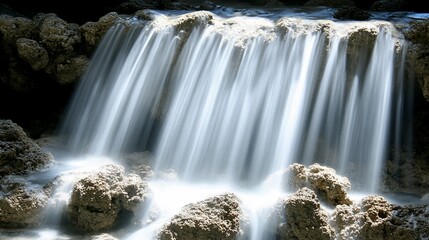 Fototapeta premium Serene waterfall flows, rocks, lush background, nature peace