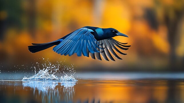 Great-tailed grackle skimming autumn lake