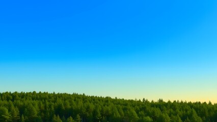 Naklejka premium Idyllic landscape featuring a vibrant blue sky over a dense, lush green forest at sunset, highlighting nature's tranquility and beauty in a serene wilderness.