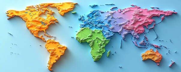 3D world map in colorful design, highlighting continents and countries, educational visual aids for students and travelers, ideal for geography lessons and global learning
