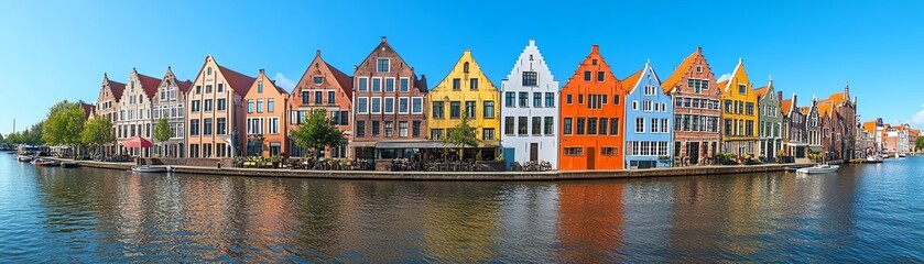 Naklejka premium Brightly colored houses in a European town along a canal, pastel facades creating a vibrant scene, serene blue sky offering the ideal backdrop for a summer vacation atmosphere