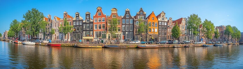 Fototapeta premium Brightly colored houses in a European town along a canal, pastel facades creating a vibrant scene, serene blue sky offering the ideal backdrop for a summer vacation atmosphere