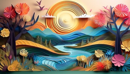 Obraz premium Paper-cut art style natural scenery paintings, colorful illustrations. Generated image